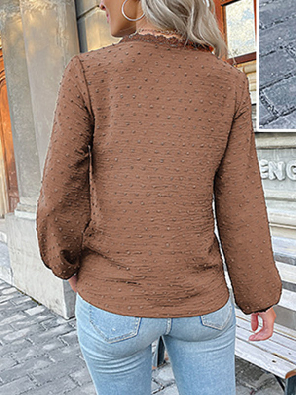 Blue Zone Planet | long-sleeved lace solid color V-neck blouse BLUE ZONE PLANET