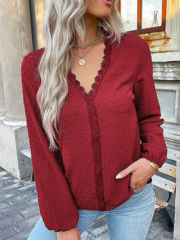 Blue Zone Planet | long-sleeved lace solid color V-neck blouse BLUE ZONE PLANET
