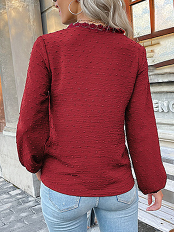 Blue Zone Planet | long-sleeved lace solid color V-neck blouse BLUE ZONE PLANET