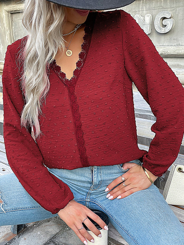 Blue Zone Planet | long-sleeved lace solid color V-neck blouse BLUE ZONE PLANET