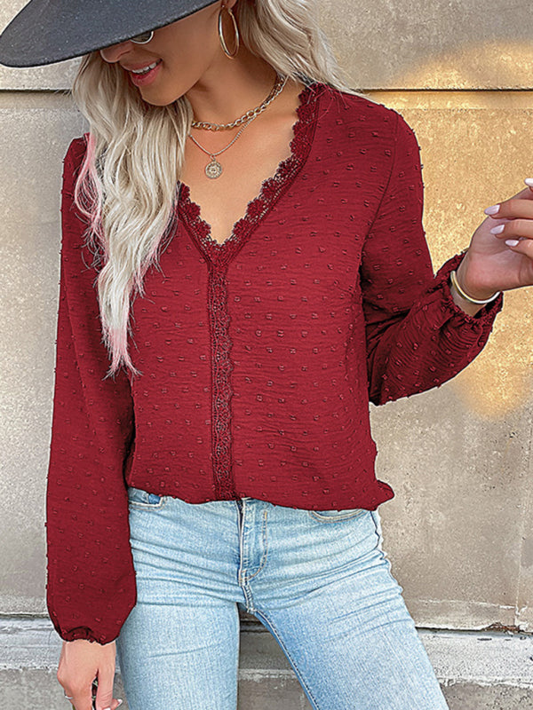 Blue Zone Planet | long-sleeved lace solid color V-neck blouse BLUE ZONE PLANET