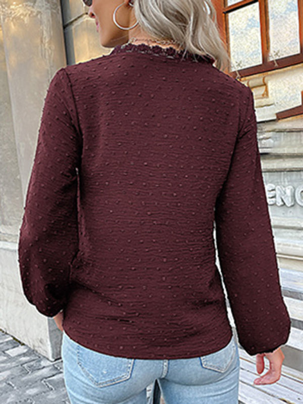 Blue Zone Planet | long-sleeved lace solid color V-neck blouse BLUE ZONE PLANET