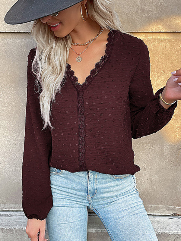 Blue Zone Planet | long-sleeved lace solid color V-neck blouse BLUE ZONE PLANET