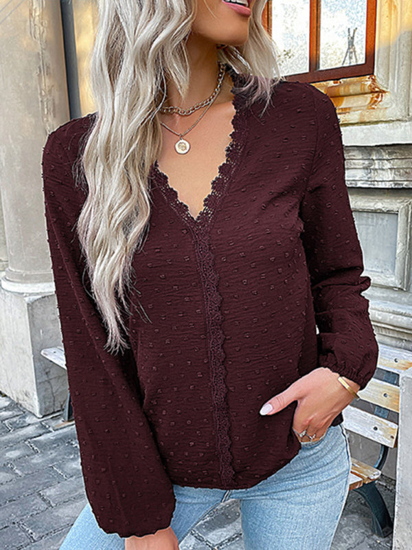Blue Zone Planet | long-sleeved lace solid color V-neck blouse BLUE ZONE PLANET