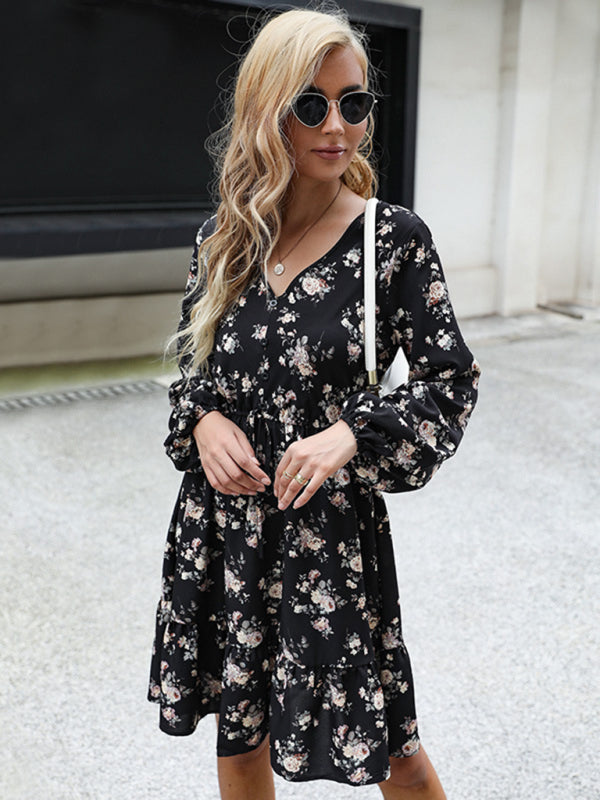 Printed Long Sleeve V Neck Black Dress kakaclo