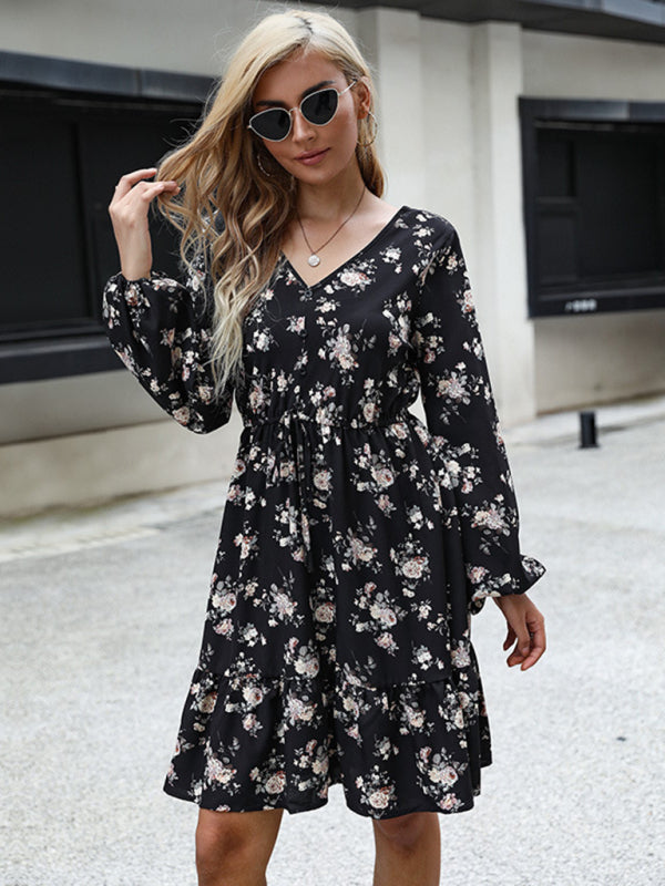 Printed Long Sleeve V Neck Black Dress kakaclo
