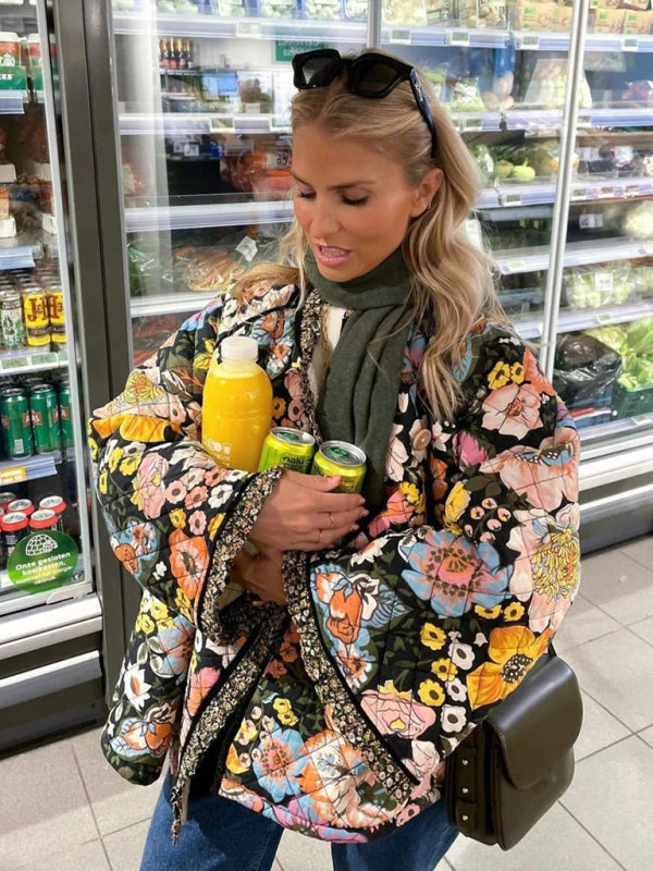 Trendy Loose Winter Print Quilted Coat BLUE ZONE PLANET