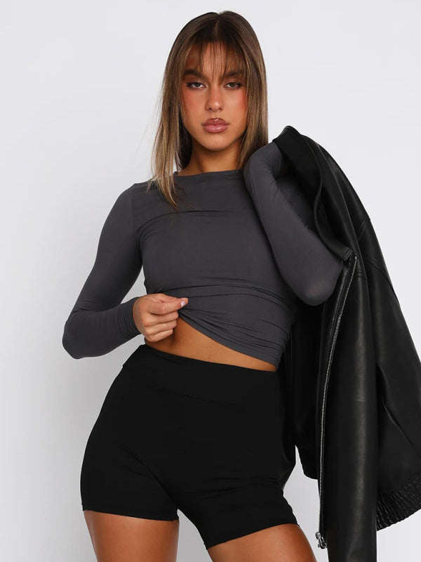 Blue Zone Planet | Solid color slim fit pullover t-shirt women's streetwear bottoming shirt top kakaclo