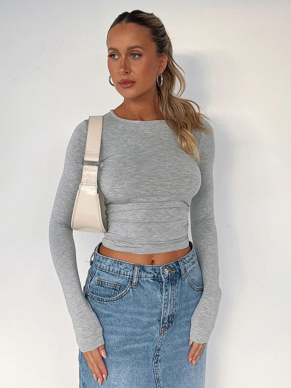 Blue Zone Planet | Solid color slim fit pullover t-shirt women's streetwear bottoming shirt top kakaclo