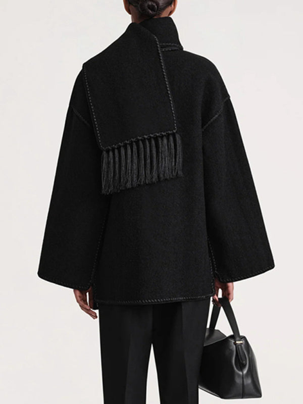 Blue Zone Planet | wool blend coat fringed scarf collar loose woolen coat BLUE ZONE PLANET