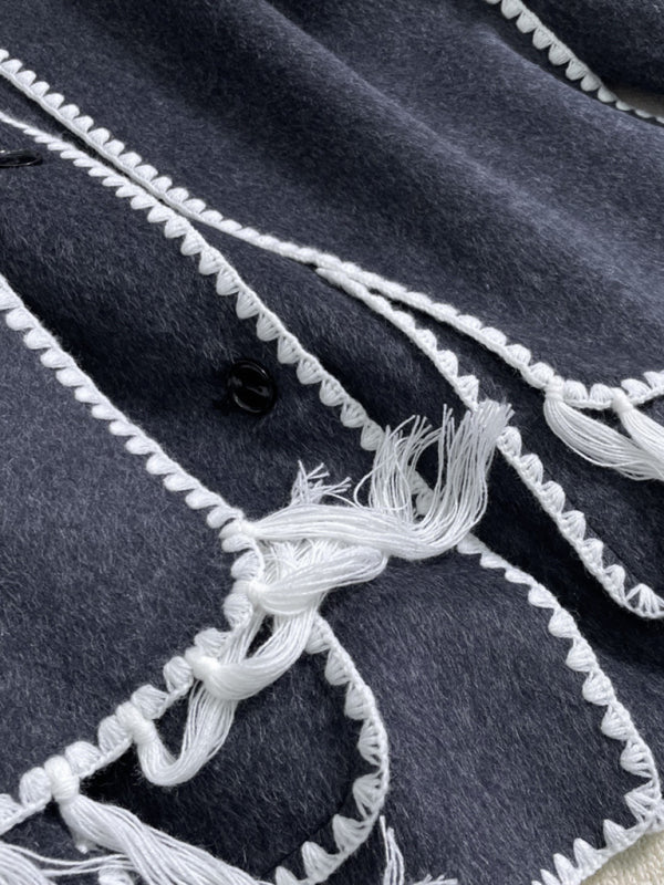 Blue Zone Planet | wool blend coat fringed scarf collar loose woolen coat BLUE ZONE PLANET