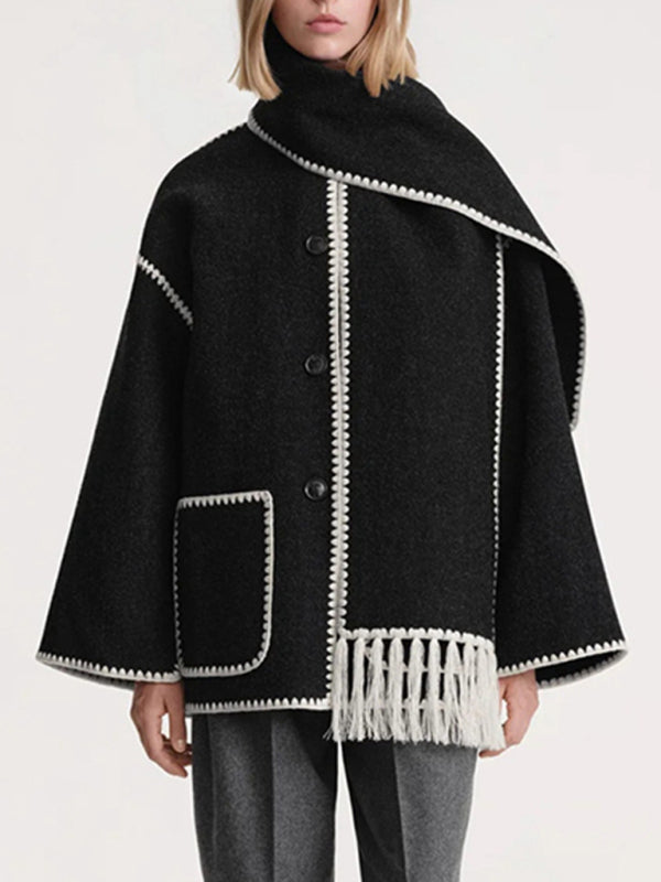 Blue Zone Planet | wool blend coat fringed scarf collar loose woolen coat BLUE ZONE PLANET