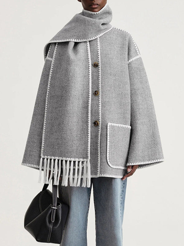 Blue Zone Planet | wool blend coat fringed scarf collar loose woolen coat BLUE ZONE PLANET