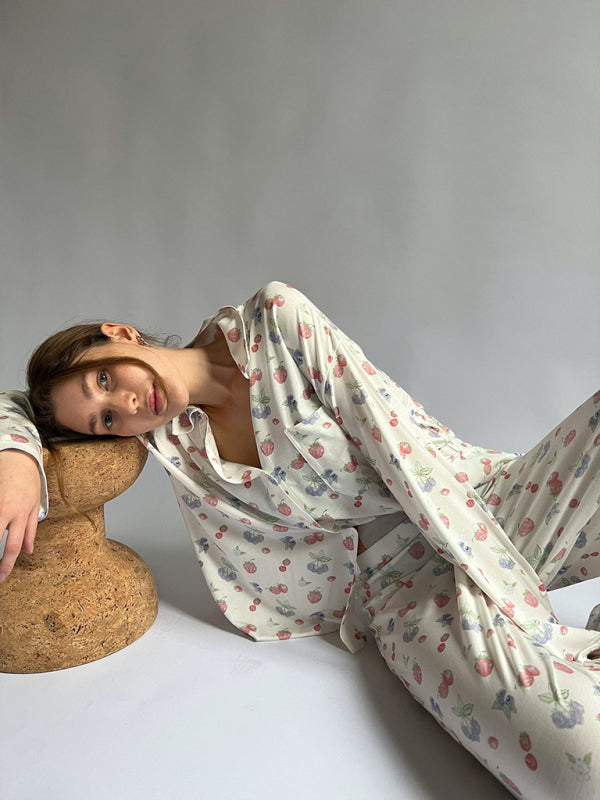 Blue Zone Planet | long-sleeved printed pajamas slit irregular trousers loose suit home service BLUE ZONE PLANET