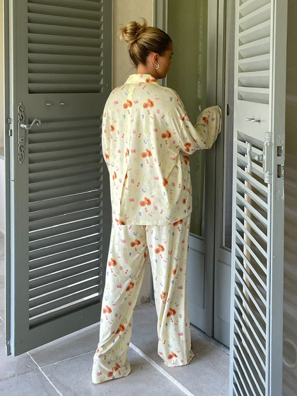 Blue Zone Planet | long-sleeved printed pajamas slit irregular trousers loose suit home service BLUE ZONE PLANET