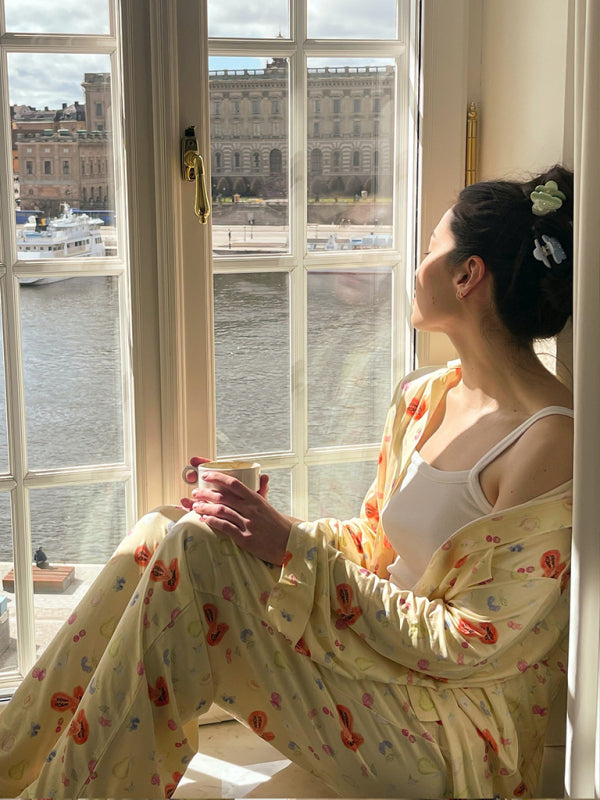 Blue Zone Planet | long-sleeved printed pajamas slit irregular trousers loose suit home service BLUE ZONE PLANET