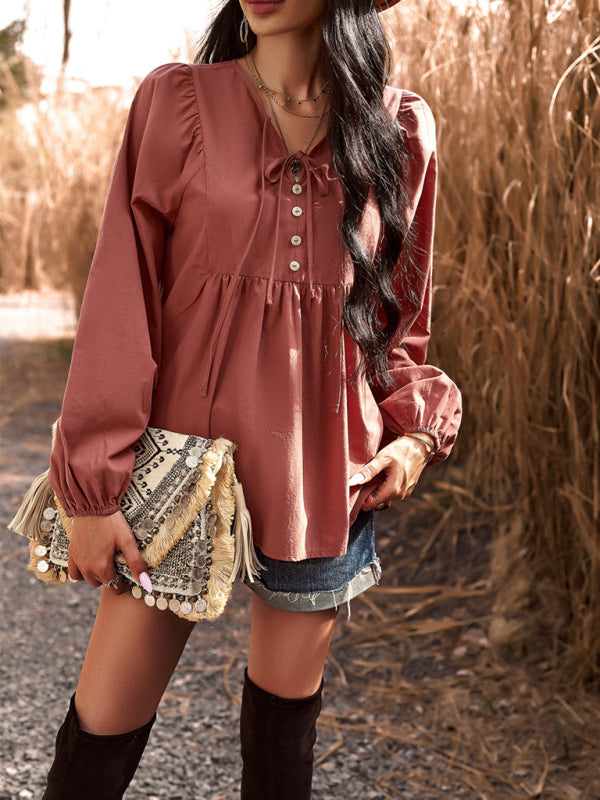 commuting solid color V-neck long-sleeved top kakaclo