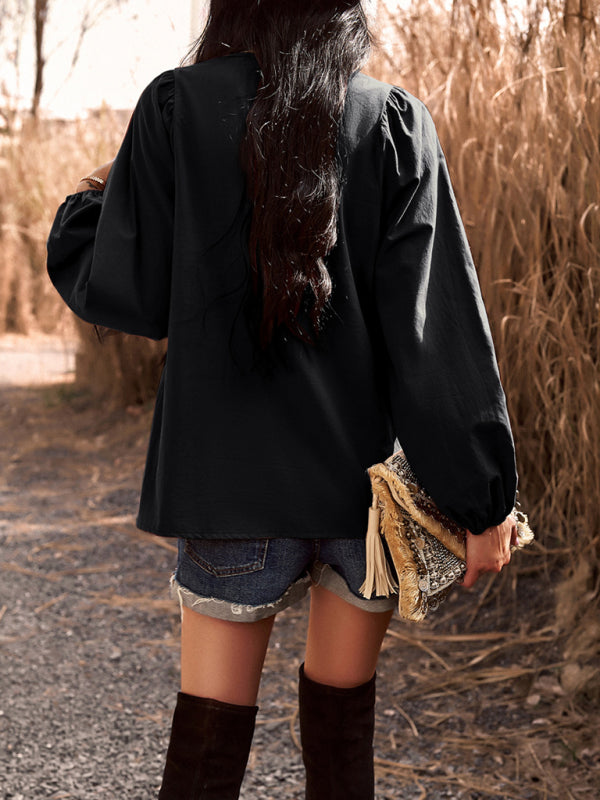 commuting solid color V-neck long-sleeved top kakaclo