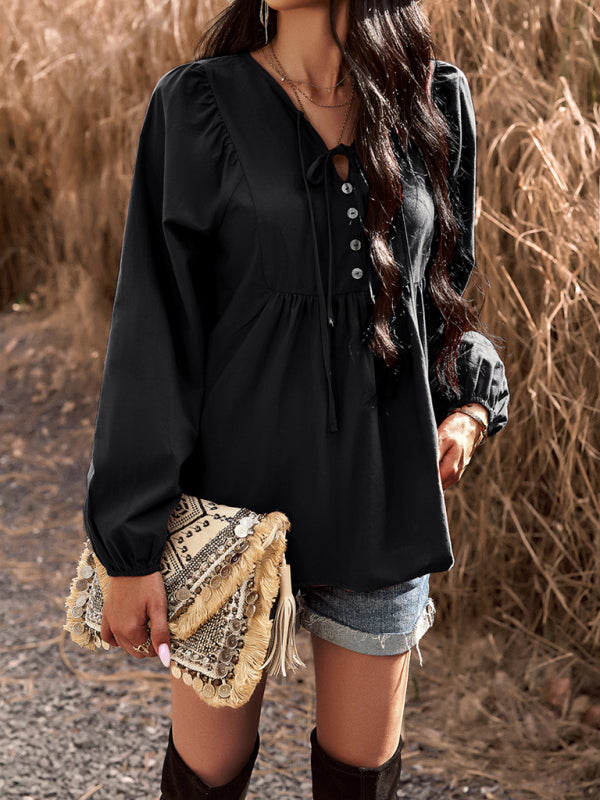 commuting solid color V-neck long-sleeved top kakaclo