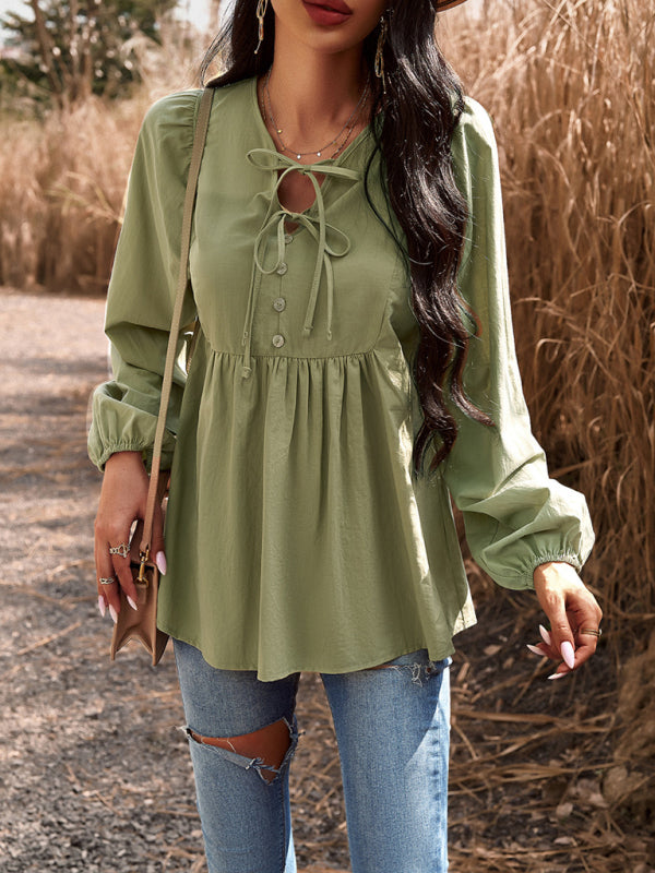 commuting solid color V-neck long-sleeved top kakaclo