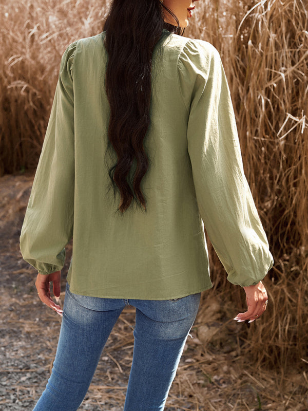 commuting solid color V-neck long-sleeved top kakaclo