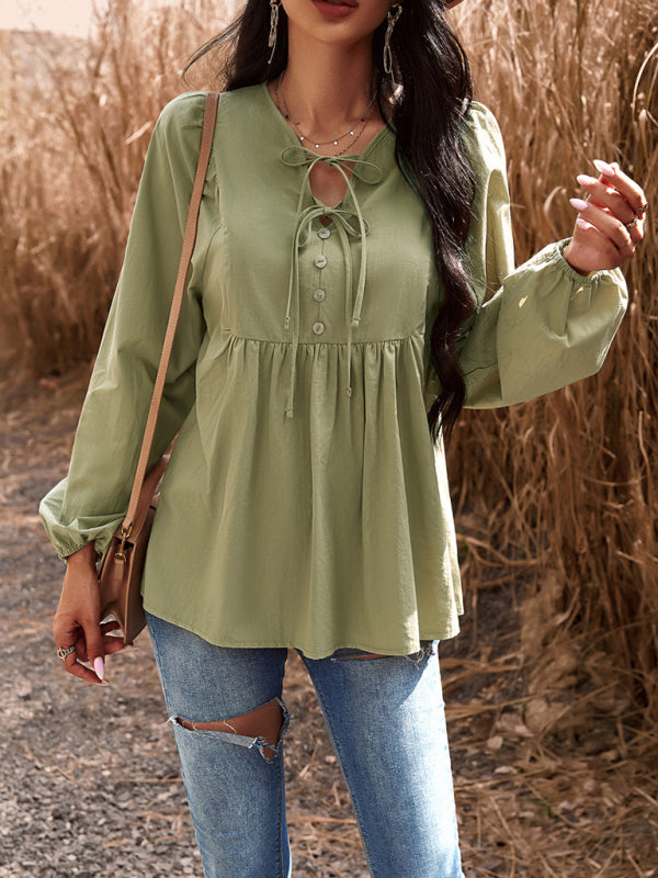 commuting solid color V-neck long-sleeved top kakaclo