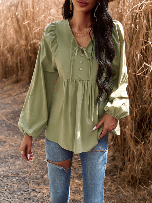 commuting solid color V-neck long-sleeved top kakaclo