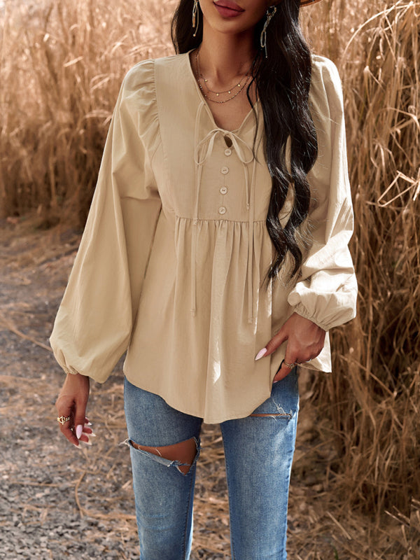 commuting solid color V-neck long-sleeved top kakaclo