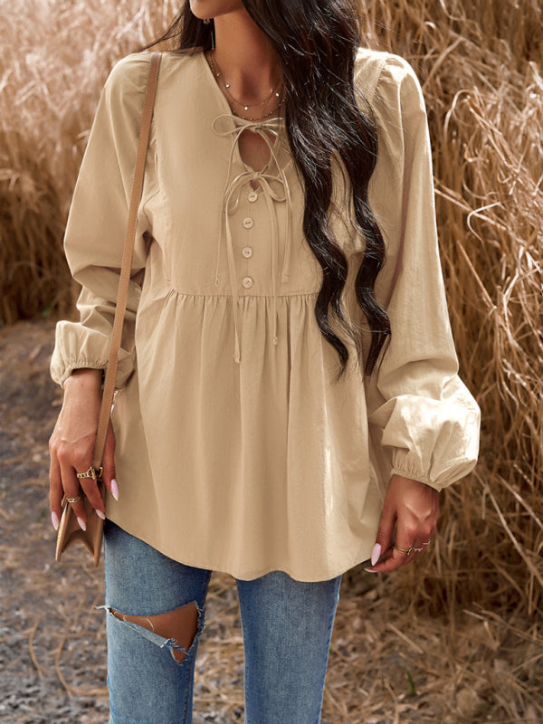 commuting solid color V-neck long-sleeved top kakaclo