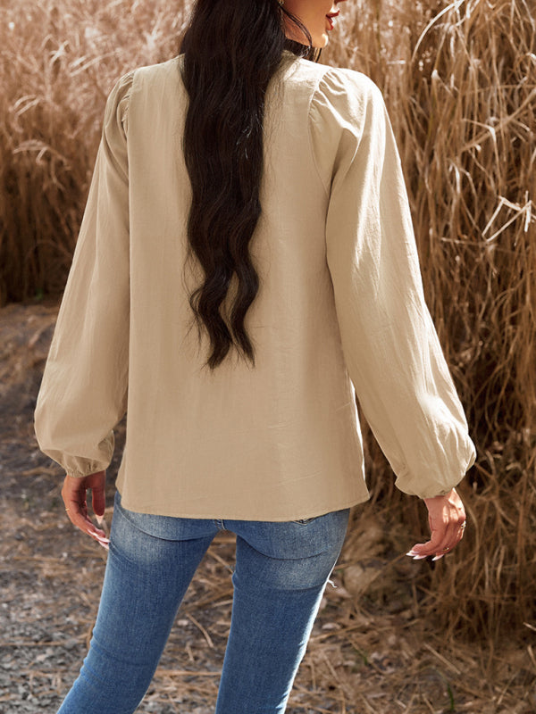 commuting solid color V-neck long-sleeved top kakaclo