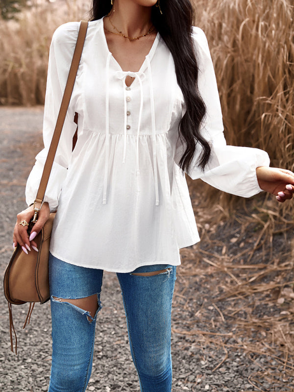 commuting solid color V-neck long-sleeved top kakaclo