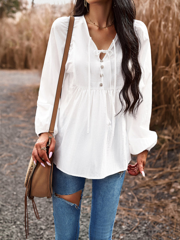 commuting solid color V-neck long-sleeved top kakaclo