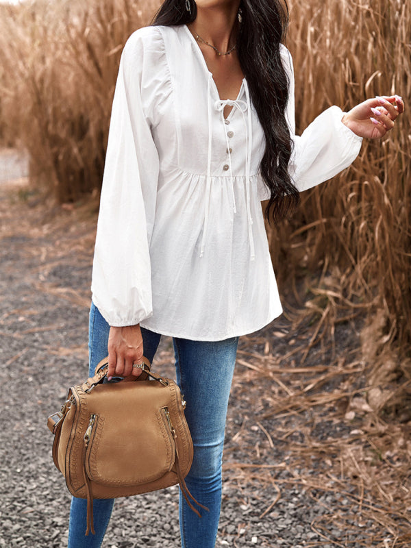 commuting solid color V-neck long-sleeved top kakaclo