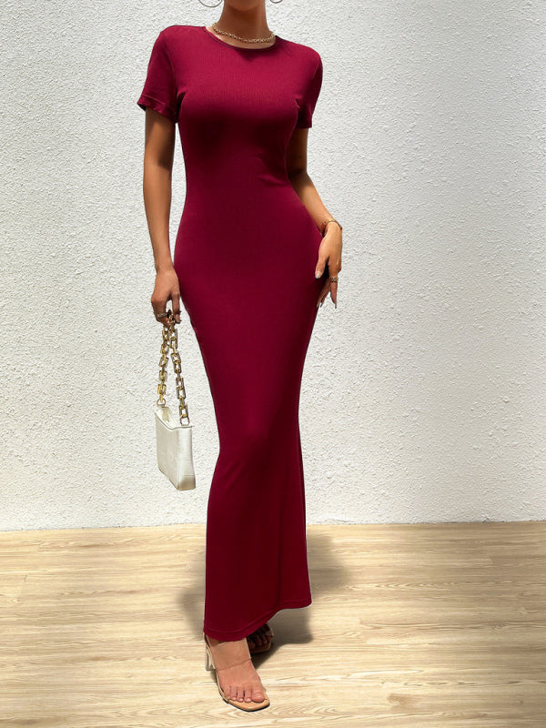 Blue Zone Planet | Elegant solid color round neck short-sleeved slim dress BLUE ZONE PLANET