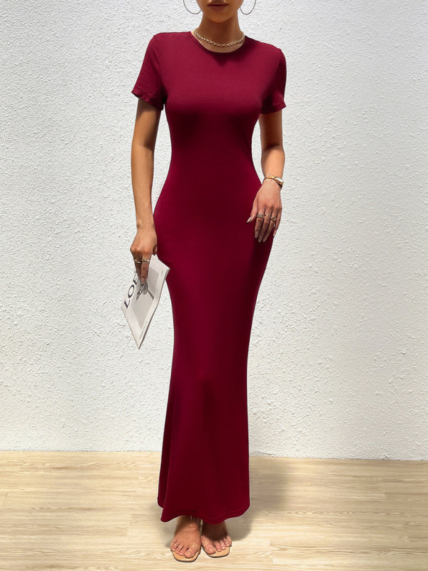 Blue Zone Planet | Elegant solid color round neck short-sleeved slim dress BLUE ZONE PLANET