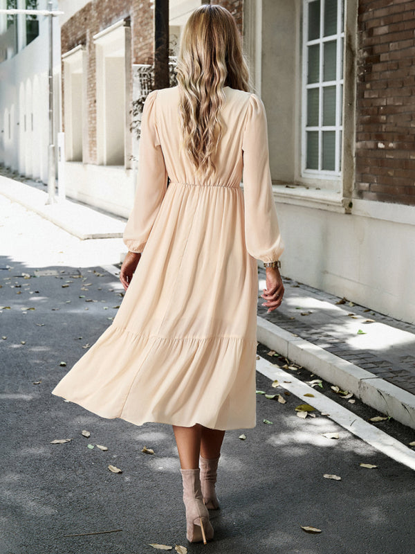 Blue Zone Planet | Elegant lace solid color V-neck midi dress BLUE ZONE PLANET