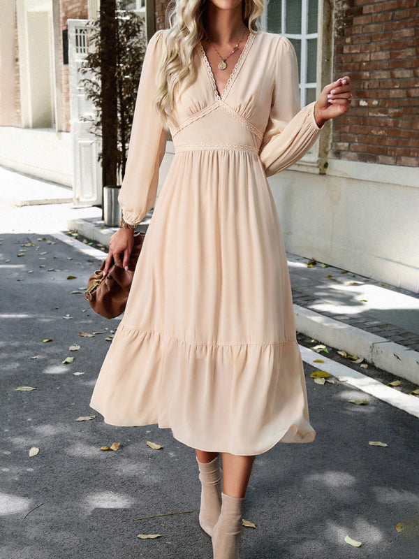 Blue Zone Planet | Elegant lace solid color V-neck midi dress BLUE ZONE PLANET