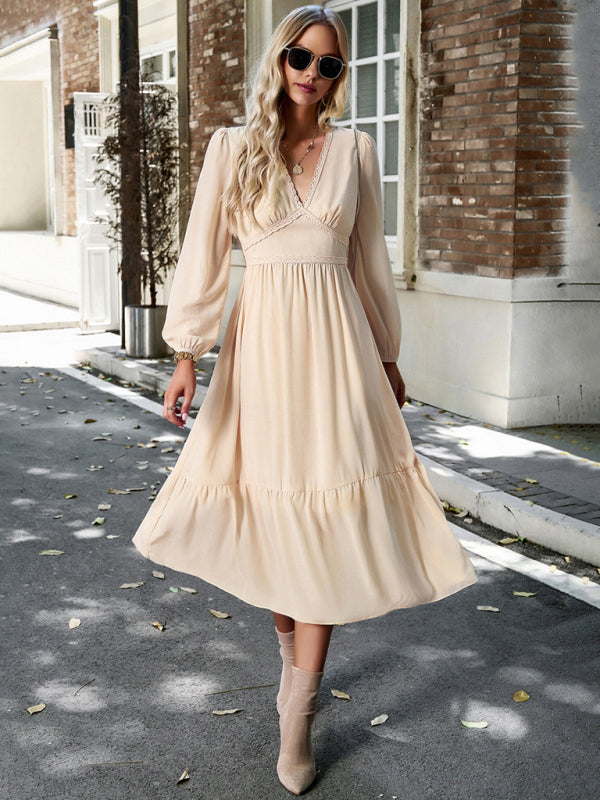 Blue Zone Planet | Elegant lace solid color V-neck midi dress BLUE ZONE PLANET
