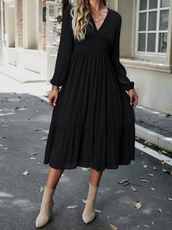 Blue Zone Planet | Elegant lace solid color V-neck midi dress BLUE ZONE PLANET