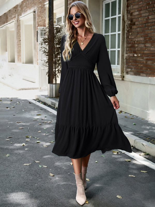 Blue Zone Planet | Elegant lace solid color V-neck midi dress BLUE ZONE PLANET