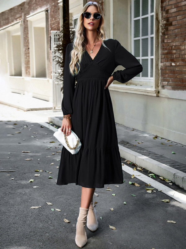 Blue Zone Planet | Elegant lace solid color V-neck midi dress BLUE ZONE PLANET