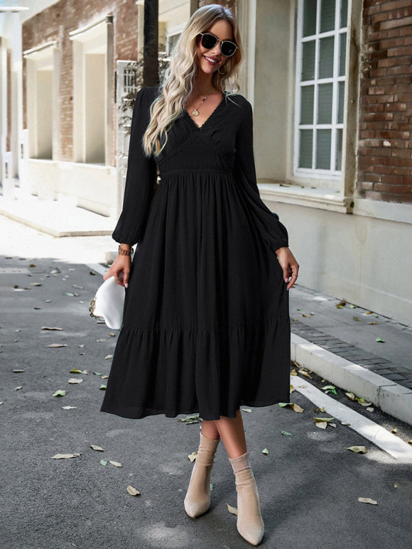 Blue Zone Planet | Elegant lace solid color V-neck midi dress BLUE ZONE PLANET
