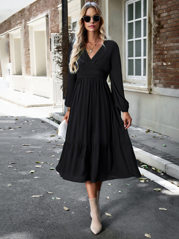 Blue Zone Planet | Elegant lace solid color V-neck midi dress BLUE ZONE PLANET