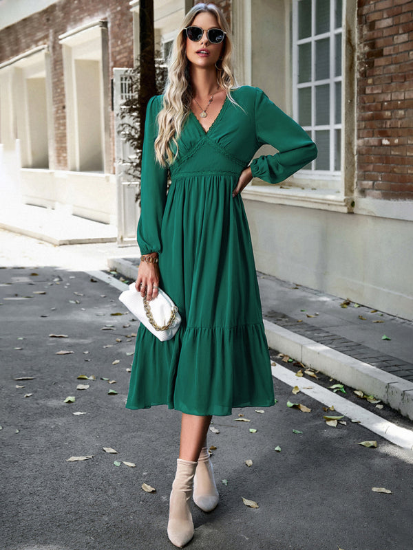 Blue Zone Planet | Elegant lace solid color V-neck midi dress BLUE ZONE PLANET