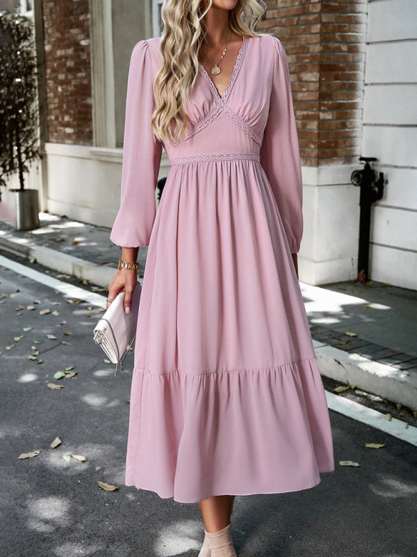 Blue Zone Planet | Elegant lace solid color V-neck midi dress BLUE ZONE PLANET