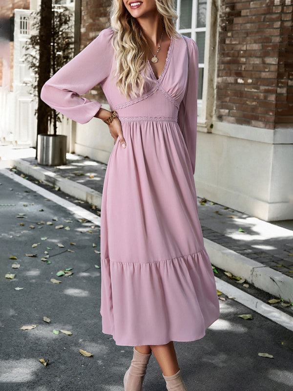 Blue Zone Planet | Elegant lace solid color V-neck midi dress BLUE ZONE PLANET
