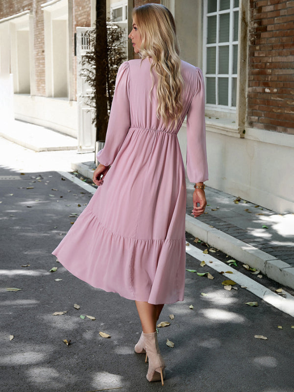 Blue Zone Planet | Elegant lace solid color V-neck midi dress BLUE ZONE PLANET
