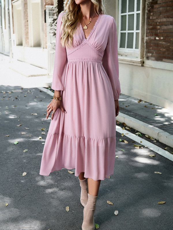Blue Zone Planet | Elegant lace solid color V-neck midi dress BLUE ZONE PLANET
