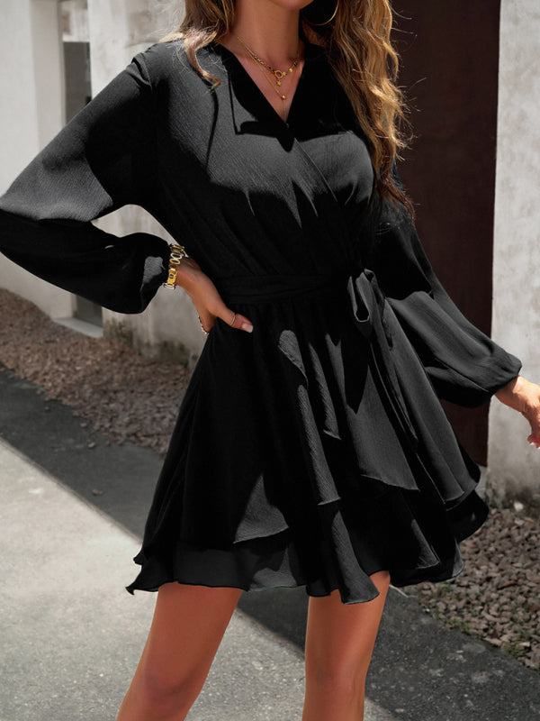 Blue Zone Planet | V-neck elegant long-sleeved multi-layered solid color mini dress BLUE ZONE PLANET