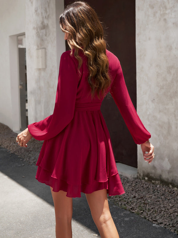 Blue Zone Planet | V-neck elegant long-sleeved multi-layered solid color mini dress BLUE ZONE PLANET